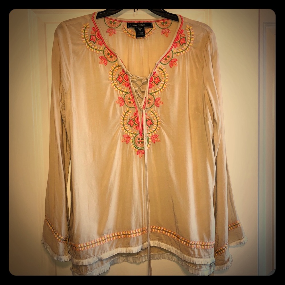 Love Stitch Embroidered Lace Up Boho Tunic